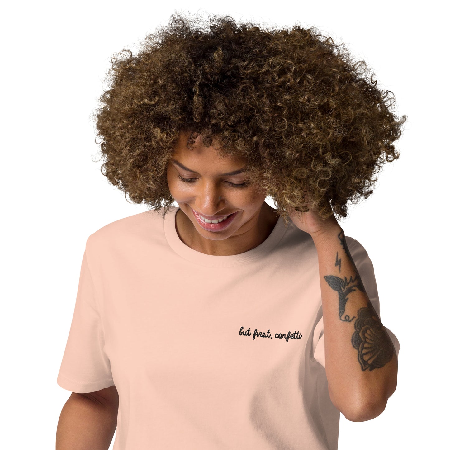 "but first, confetti" Embroidered T-shirt