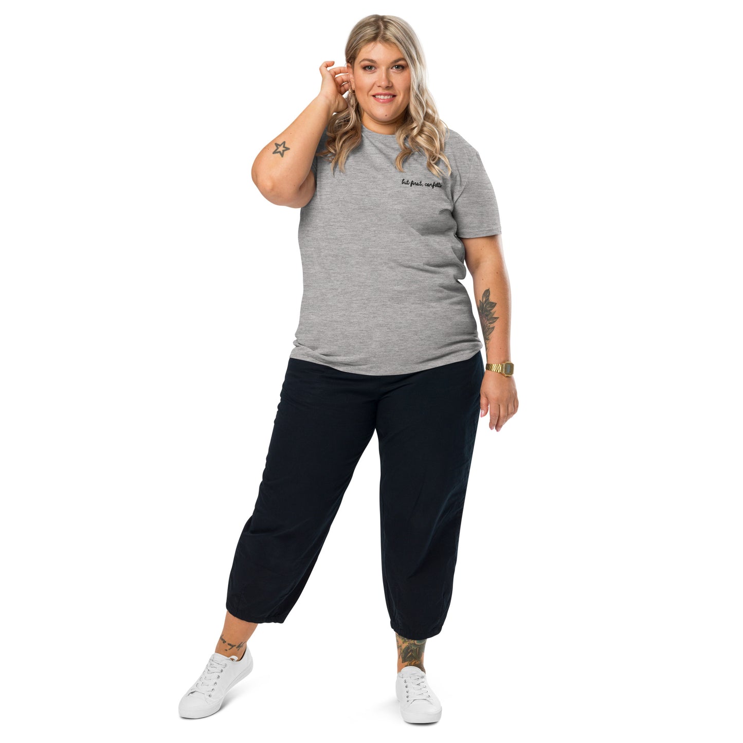 "but first, confetti" Embroidered T-shirt