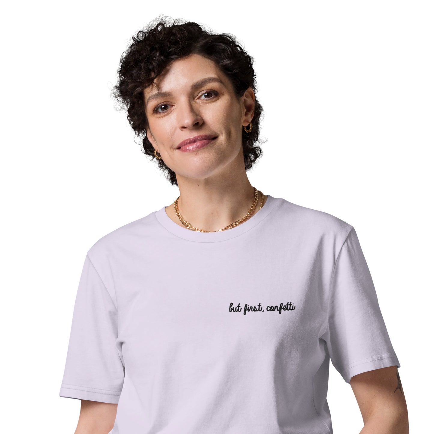 "but first, confetti" Embroidered T-shirt