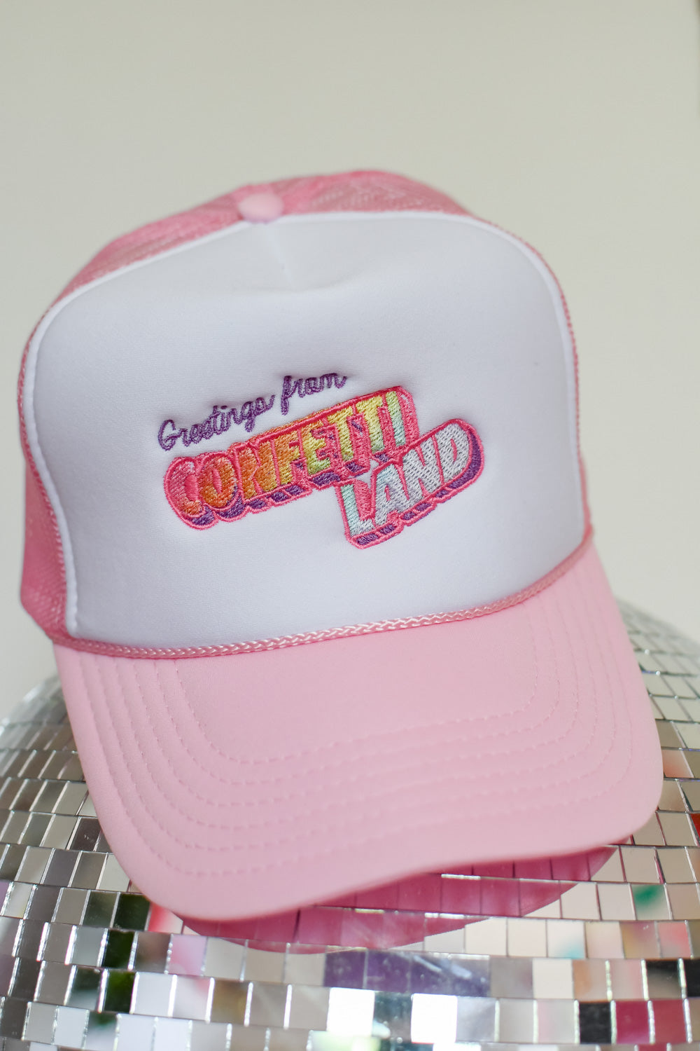 "Greetings From Confetti Land" Embroidered Trucker Hat