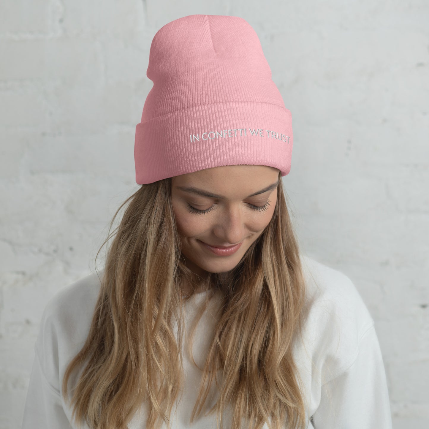 In Confetti We Trust Pink Cuffed Beanie Hat