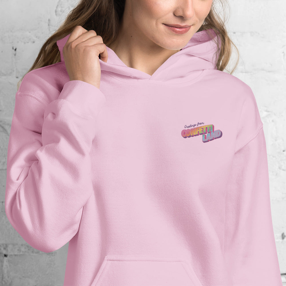 "Greetings From Confetti Land" Embroidered Hoodie